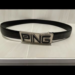 PING black leather belt with built in PING buckle.
